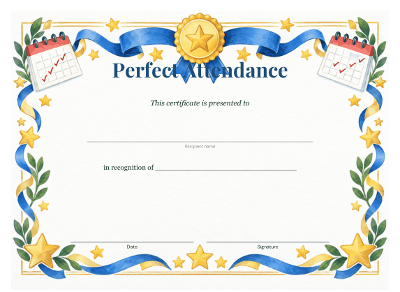 Preview of Perfect Attendance Award Certificate Template