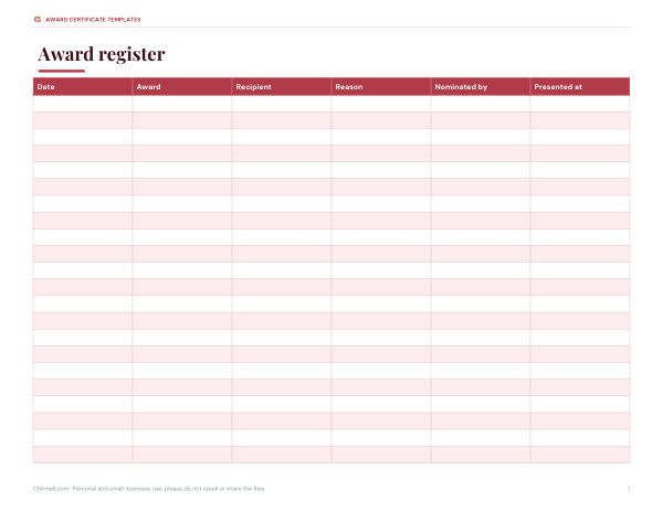 Preview of Printable Award Register