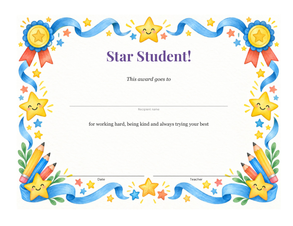 Preview of Printable Star Student Certificate